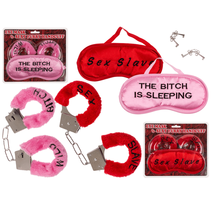 Pluche Handboeien en Oogmasker met "Sex Slave" en "The Bitch is Sleeping