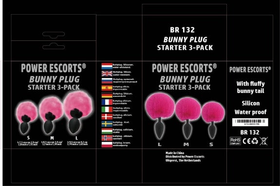 Power Escorts - BR132 - Bunny Plug Starter 3-Pack - Bunny Tail - S, M &amp; L - Black/Pink Tail