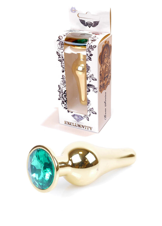 Bossoftoys - 64-00069 - Gold Butt Plug - Anal plug with green stone - length 9.5 m - dia 3 cm - color window box