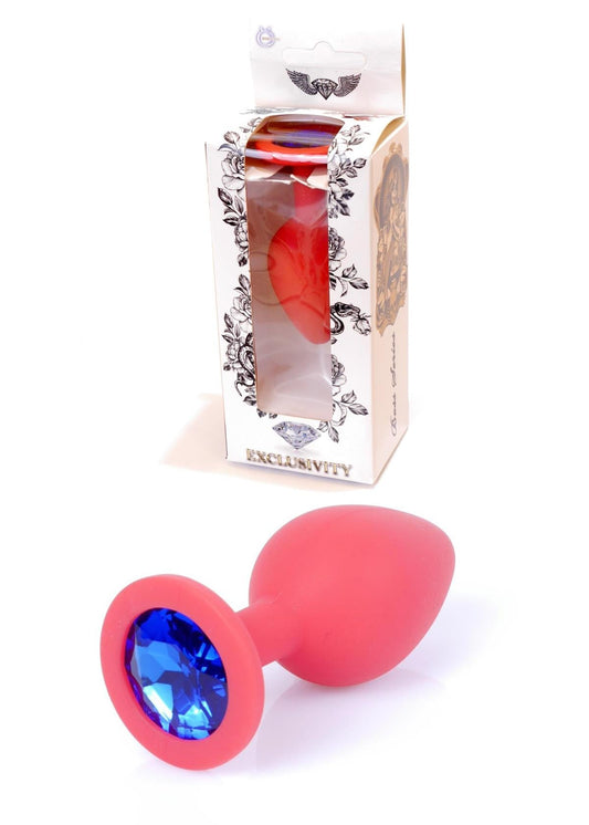 Bossoftoys - 64-00084 - Red Silicone Anal Plug - anal plug with blue stone - Medium size - length 7 cm - dia 2.7 cm - color window box