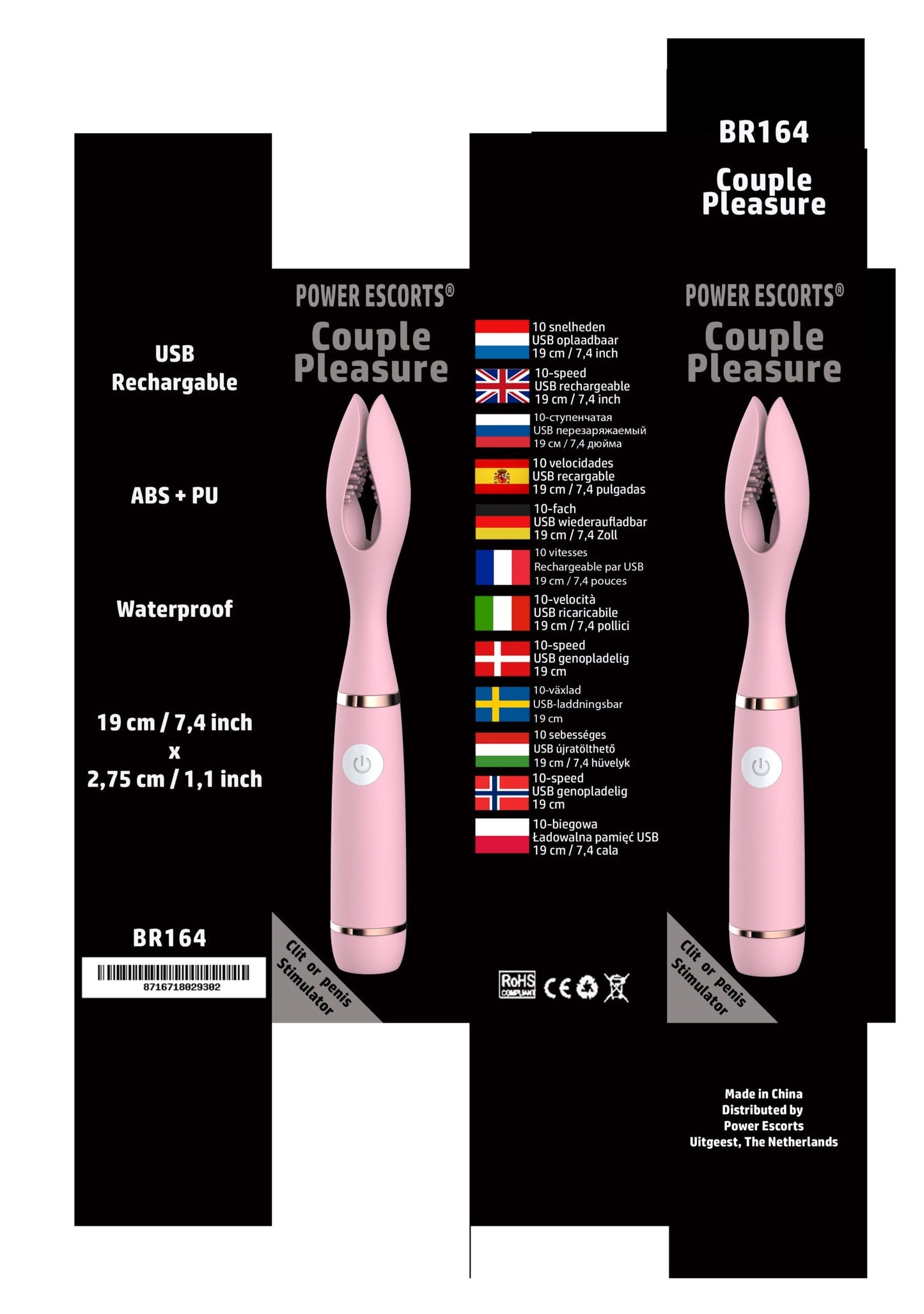 Power Escorts - BR164 - Couple Pleasure - Couple Vibrator - Rechargeable - Silicone - 19 × 2,75 CM - Pink