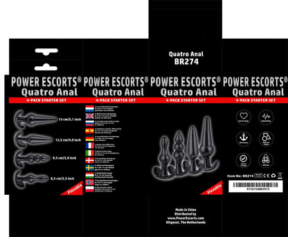 Power Escorts - BR274 - Quatro Anal Plugs - Anal Starter Set - 4-Pack Anal Plugs - Black - Buttplug 4 different sizes - attractive Colour box