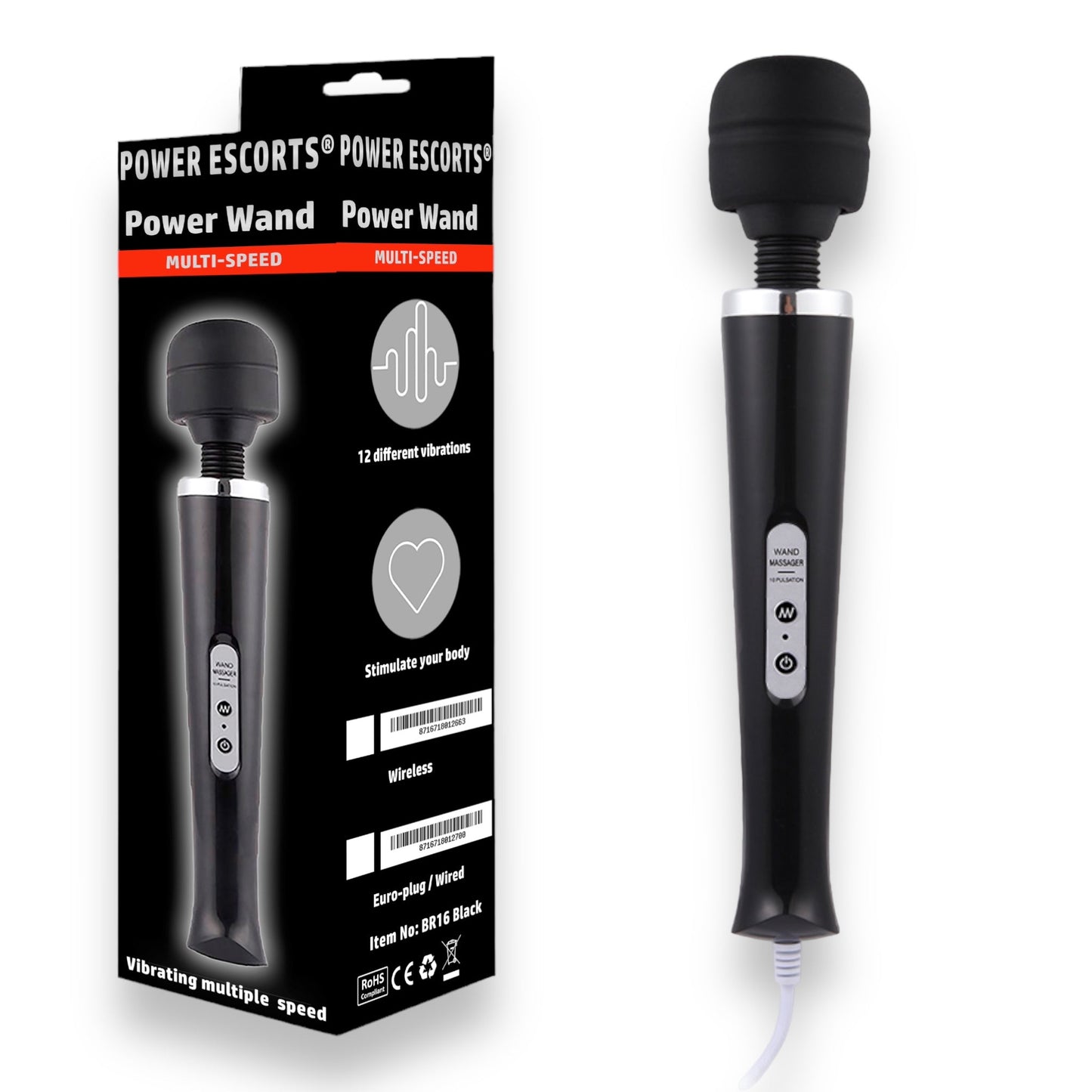 Power Escorts - BR16 - Power Wand Massager - 12-Speed - WIRED - 4 Colours