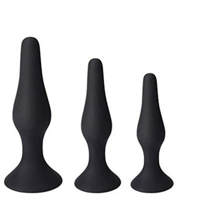 Power Escorts - BR12Black - Silicone Anal Plug 3 Pack Set - Strong Suction Cup